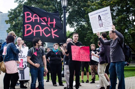 Members of Bash Back, a radical anarchist queer organization, assembled to counter the Rally for Men and Boys in Crisis. MICHAEL CHAHLEY/THE VARSITY