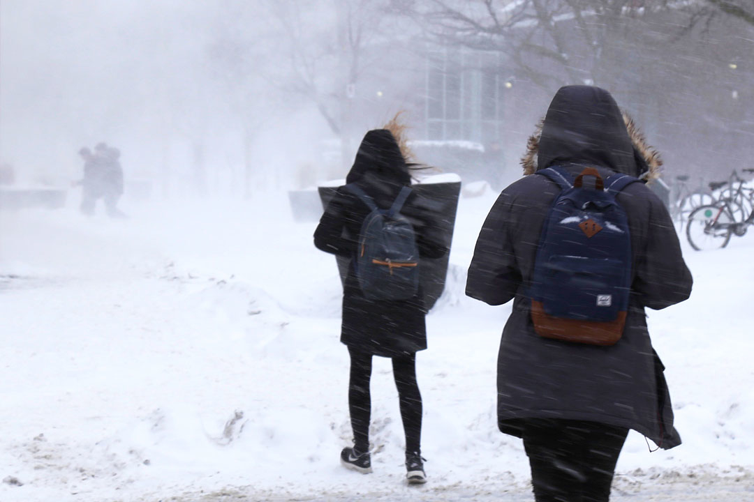 Freezing students walk through the wintery abyss on a cold and snowy day in Toronto.