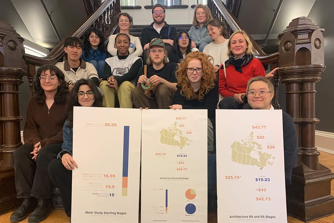 Daniels graduate students hold up signs showing wage disparities between Daniels and other universities' architecture faculties.