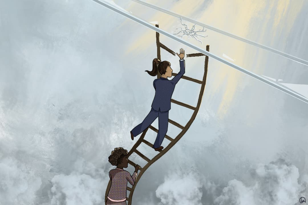 women climbing a ladder that leads to a glass ceiling.