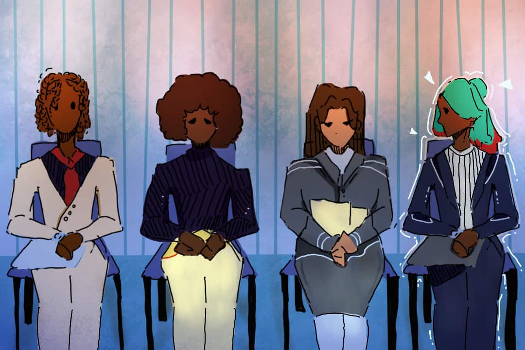 Four black women with hair styled in braids, an afro, and dyed turquoise.
