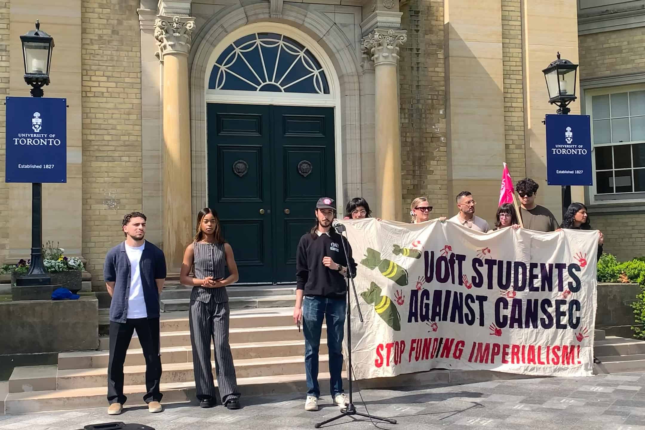 (Pictured left to right) Adam El-Falou, Cyrielle Ngeleka, and Julian Nickel deliverpress conference outside Simcoe Hall. CELESTA MANIATOGIANNI/THE VARSITY